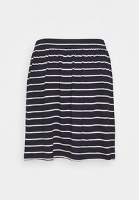 Gonna blu navy con righe orizzontali bianche, dotata di un elastico in vita e un design svasato realizzato in tessuto morbido e leggero.