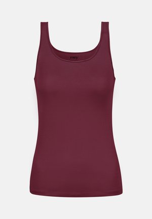 Bordeaux tanktop met een ronde halslijn en brede schouderbanden, gemaakt van een gladde, rekbare stof. Eenvoudig, naadloos ontwerp.