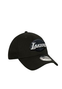 Black baseball cap featuring a raised embroidered "Lakers" logo in white and blue. Fabric is smooth with a curved brim and adjustable strap.