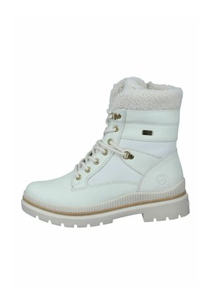 Weiße Leder-Ankleboots mit einem flauschigen Kragen, goldenen Beschlägen und einer strukturierten Gummisohle. Mit Schnürverschluss und gepolstertem Zungenbereich.