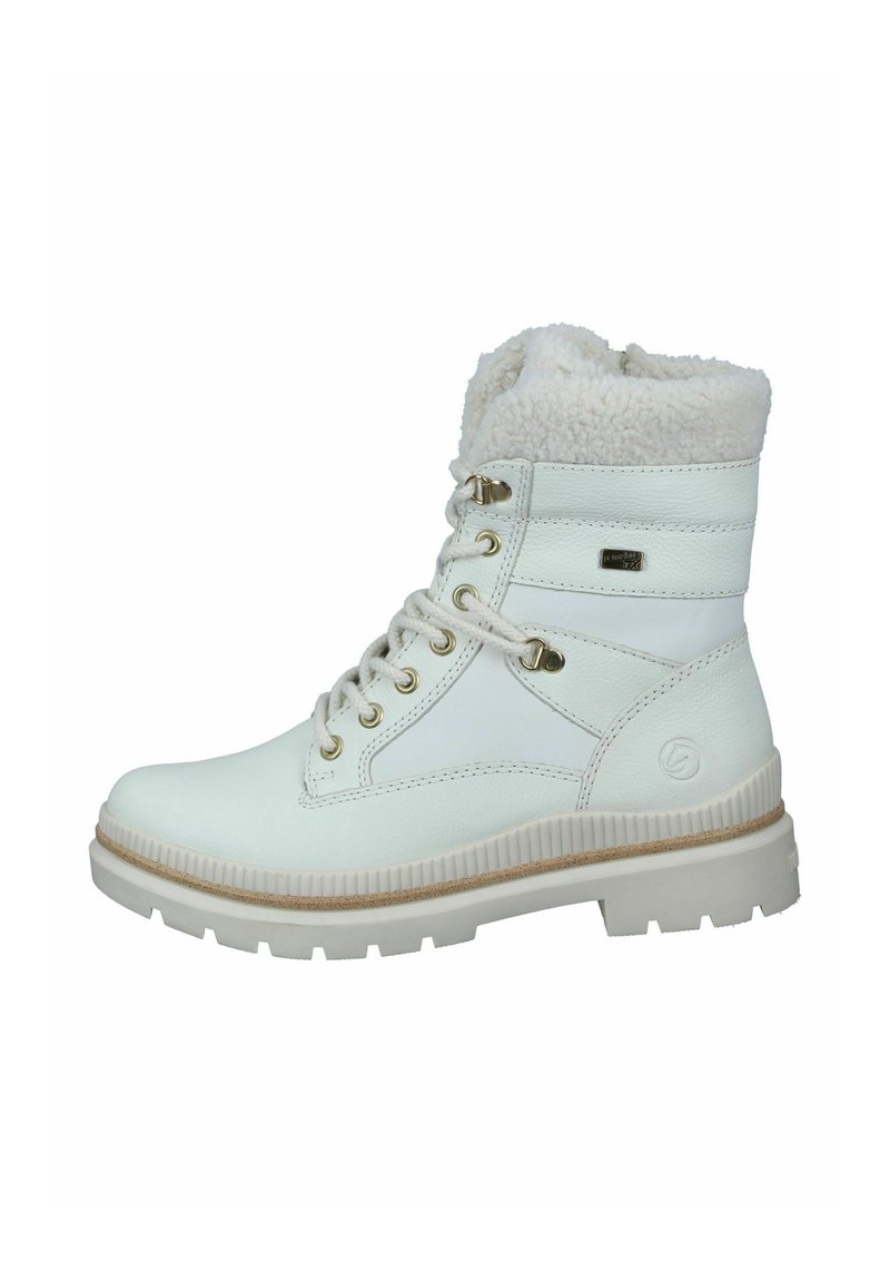 Weiße Leder-Ankleboots mit einem flauschigen Kragen, goldenen Beschlägen und einer strukturierten Gummisohle. Mit Schnürverschluss und gepolstertem Zungenbereich.