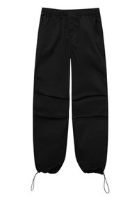 Pantaloni neri con vita elasticizzata, due tasche laterali e cordini regolabili sui polsini. Tessuto liscio e design morbido.