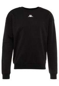 Svart långärmad sweatshirt med rund halsringning och liten vit logotyp av två sittande figurer rygg mot rygg centrerad nära kragen.