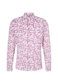 Weißes Langarmhemd mit pinkem Blumenmuster, mit Knopfleiste, klassischem Kragen und normalen Manschetten, aus leichtem Stoff gefertigt.