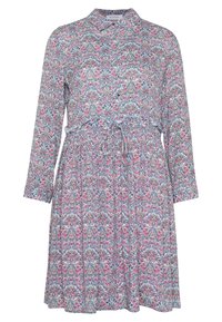 Blumendruckkleid mit langen Ärmeln, durchgehendem Knopfverschluss und einem Bindegürtel. Verfügt über pinke und blaue Muster auf einem hellen Hintergrund.