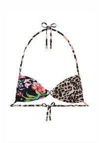Podprsenka s kosticemi, která na jedné straně zobrazuje živý květinový vzor na černém pozadí a na druhé straně béžový leopardí potisk; nastavitelné šňůrky.