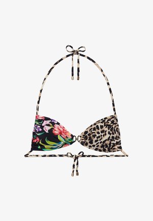 Haut de bikini avec armatures, présentant d'un côté un motif floral vif sur fond noir et de l'autre un imprimé léopard beige ; liens réglables.