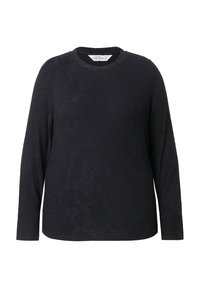 Schwarzes Langarmshirt mit floralem Texturmuster, Rundhalsausschnitt und weichem Material, in lockerer Passform und geradem Saum.