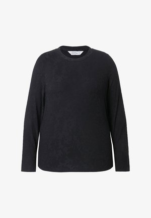 Camisa negra de manga larga con un patrón texturizado de flores, escote redondo y material suave, con un corte relajado y dobladillo recto.