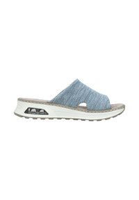 Textured blue knit slide sandal with open toe, white midsole featuring air cushioning, and a light gray outsole, designed for comfort.