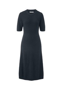 Strickkleid in Dunkelgrau mit kurzen Ärmeln, rundem Ausschnitt und einem taillierten Oberteil, das in einem Midikleidsaum ausläuft.
