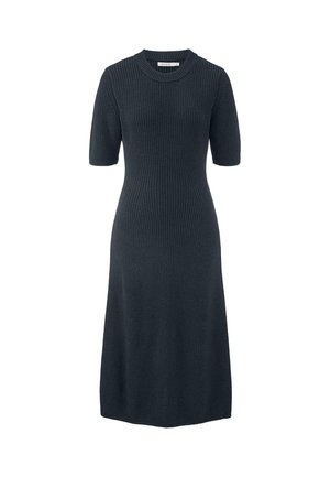 Strickkleid in Dunkelgrau mit kurzen Ärmeln, rundem Ausschnitt und einem taillierten Oberteil, das in einem Midikleidsaum ausläuft.