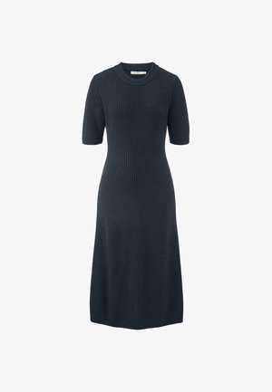 Gebreide jurk in donkergrijs, met korte mouwen, een ronde halslijn en een aansluitend lijfje dat uitloopt in een zoom tot halverwege de kuit.