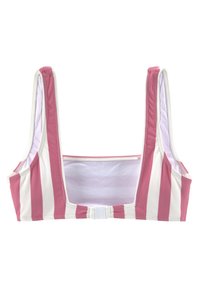 Zweifarbiger, rosa-weißer gestreifter Bikini-Oberteil mit quadratischem Rückenteil, breiten Trägern und einem Hakenverschluss. Der Stoff ist glatt mit einem leichten Glanz.