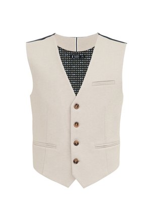 Chaleco beige con escote en V, cinco botones marrones, dos bolsillos y un forro interior negro con patrón. Textura suave y diseño sin mangas.