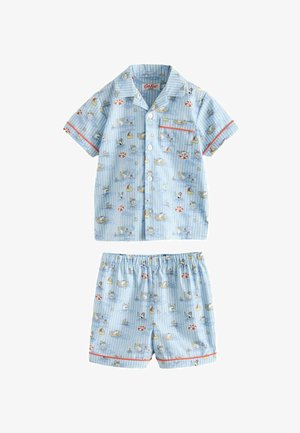 Ensemble pour enfants bleu clair avec chemise à manches courtes boutonnée et short avec motifs ludiques d'animaux et de bateaux, avec des détails orange.