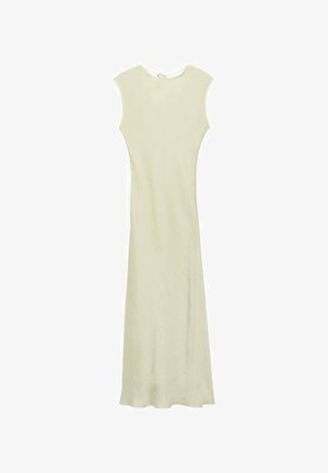 Pitkä, hihaton mekko vaaleanvihreästä kankaasta. Ominaisuuksiin kuuluu hyvin istuva yläosa, hieno rakenne ja pyöreä pääntie, jossa on nappikiinnitys takana.