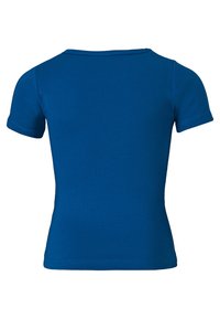 Blue short-sleeve t-shirt made from a soft, stretchy material. Features a round neckline and a fitted shape, with no visible patterns or accents.
