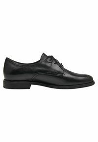 Chaussure de ville formelle en cuir noir avec lacets, talon bas et finition lisse, vue de côté sur fond blanc.