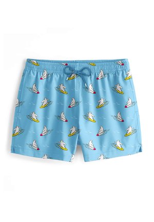 Blaue Badehosen mit einem wiederholten Muster von Eisbären auf Surfboards, mit gelben Boards und roten Akzenten. Elastischer Bund mit Kordelzug.