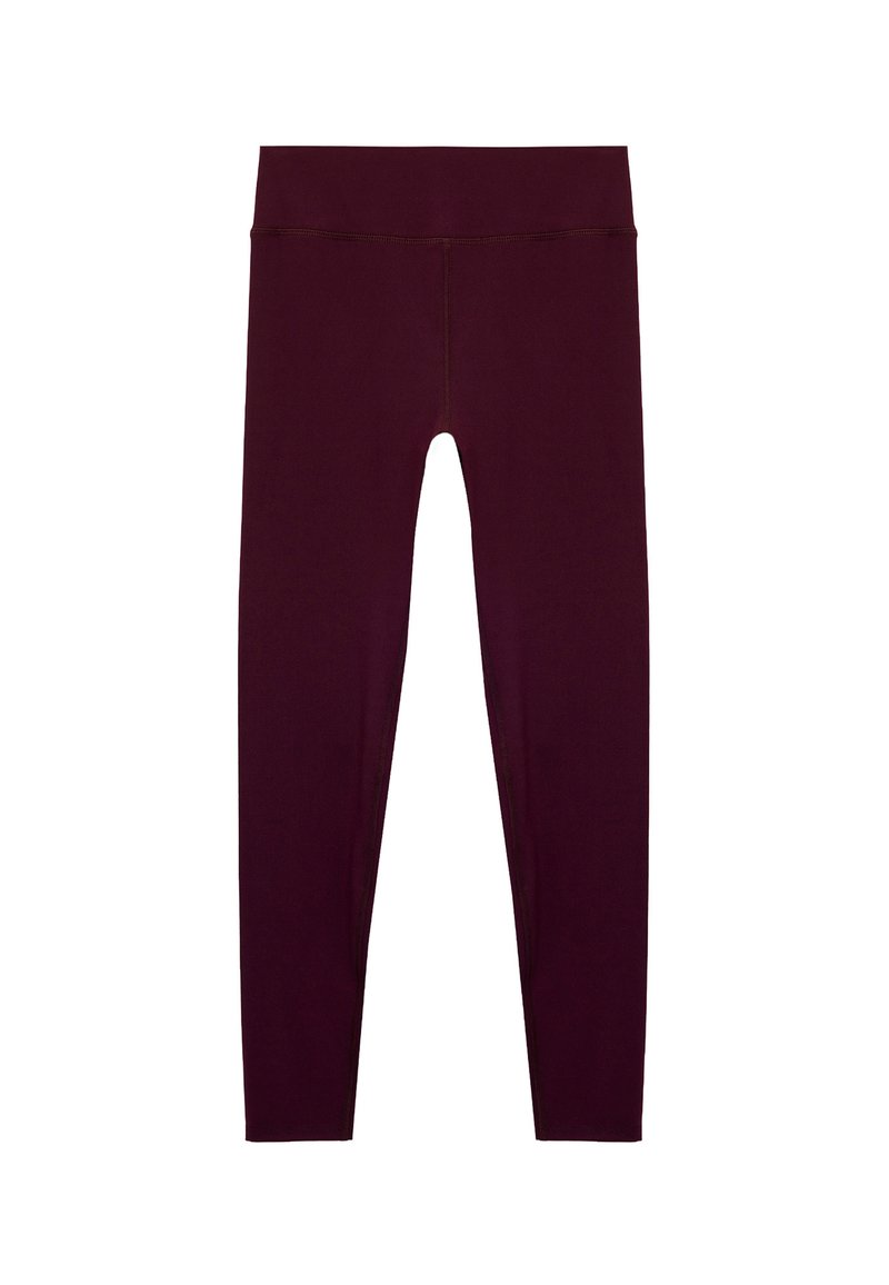 Bordeaux leggings van rekbaar materiaal, met een hoge tailleband en een gladde textuur, in een nauwsluitend ontwerp en zonder zichtbare naden.