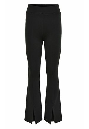 Schwarze Schlaghose aus dehnbarem Stoff mit hohem Bund und seitlichen Schlitzen am Saum für ein zusätzliches Designelement.