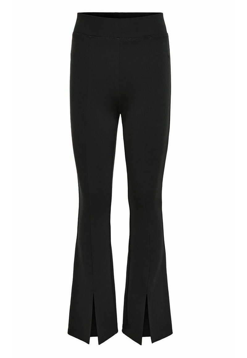 Pantalon noir évasé en tissu extensible, avec une taille haute et des fentes latérales à l'ourlet pour un détail de design supplémentaire.