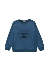 Dark blue sweatshirt made of soft fabric, featuring a round logo print with "CITY TOUR WITH NYC" text, ribbed neckline and cuffs.