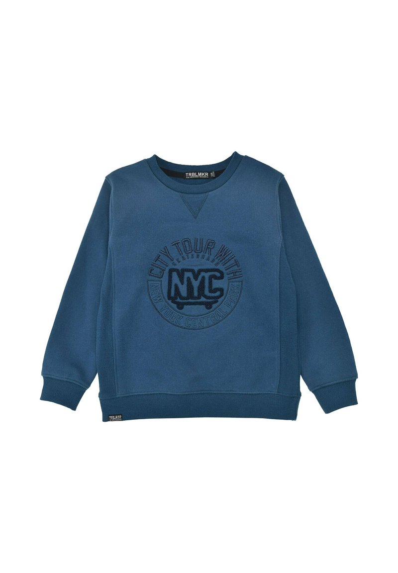 Dark blue sweatshirt made of soft fabric, featuring a round logo print with "CITY TOUR WITH NYC" text, ribbed neckline and cuffs.