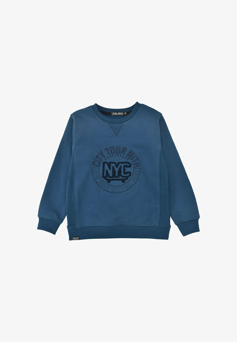 Dark blue sweatshirt made of soft fabric, featuring a round logo print with "CITY TOUR WITH NYC" text, ribbed neckline and cuffs.