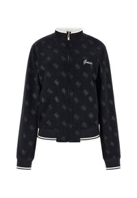 Zwarte corduroy bomberjack met een logo patroon over de hele stof, ritssluiting aan de voorkant, ribboorden en een zoom met witte strepen.