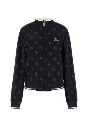 Giacca bomber in corduroy nero con un motivo logo su tutta la superficie, chiusura frontale con zip, polsini e orlo a costine con strisce bianche.