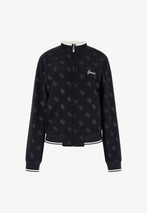 Schwarze Cordura-Bomberjacke mit einem durchgehenden Logomuster, Reißverschluss, gerippten Bündchen und Saum mit weißen Streifen.