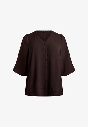 Tamno smeđa bluza s kopčanjem na gumbe, V-izrezom i širokim rukavima do lakta, prikazana na bijeloj pozadini.