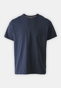 Navy blue cotton t-shirt featuring short sleeves, a round neck, and a small logo on the left chest with contrasting stripes inside the collar.