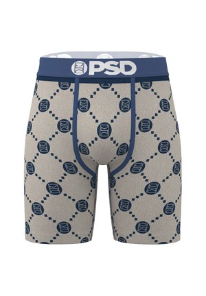 Beige Boxershorts mit marineblauem Rautenmuster und runden Logos, marineblauer Bund mit großem weißem "PSD"-Schriftzug.