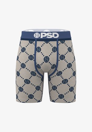 Boxers beige avec un motif de losanges bleu marine et des logos circulaires, ceinture bleu marine avec grand texte blanc "PSD".