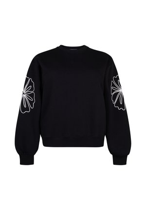 Zwarte sweatshirt met volumineuze mouwen, voorzien van witte bloemenborduursels op elke arm, geribbelde manchetten en onderkant. Zacht materiaal.