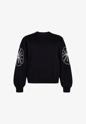 Zwarte sweatshirt met volumineuze mouwen, voorzien van witte bloemenborduursels op elke arm, geribbelde manchetten en onderkant. Zacht materiaal.