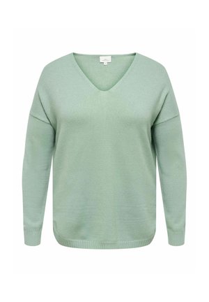 Lysegrøn strikket langærmet sweater med V-udskæring og ribkant ved ærmer og linning, vist på en hvid baggrund.