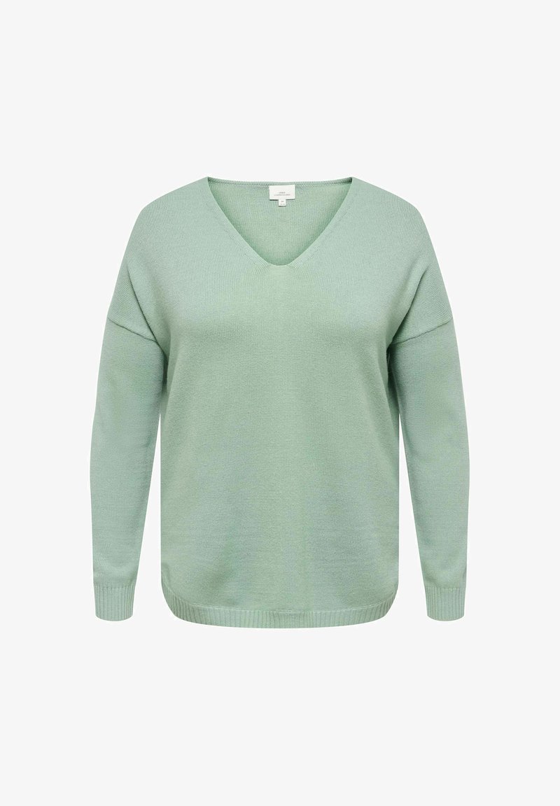 Pull en maille vert clair à manches longues avec col en V et bords-côtes aux poignets et à l’ourlet, présenté sur fond blanc.