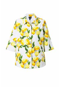 Camicia bianca con stampa di limoni e foglie, maniche corte, colletto, apertura frontale con bottoni, realizzata in stoffa leggera, caratterizzata da colori gialli e verdi vivaci.