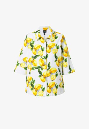 Witte blouse met citroen- en bladprint, korte mouwen, kraag, knoopsluiting aan de voorkant, gemaakt van lichtgewicht stof, met levendige gele en groene kleuren.