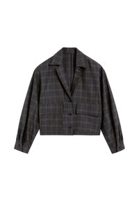 Chaqueta corta con patrón de cuadros, en tonos grises y negros, con dos bolsillos frontales, un cuello con muesca y cierre de botón.