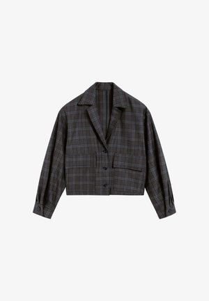 Afgeknotte jas in een ruitpatroon, met grijze en zwarte tinten, twee voorzakken, een ingezette kraag en knoopsluiting.