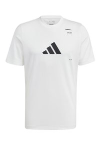 Weißes T-Shirt mit kurzen Ärmeln aus Baumwolle, auf der Vorderseite mit einem großen schwarzen Adidas-Logo und bedrucktem Text. Schlichtes Design mit Rundhalsausschnitt.