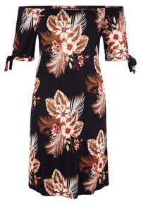 Vestido negro de hombros al descubierto con mangas cortas, que presenta un estampado floral en tonos marrones y beige, con detalles de lazo en las mangas.