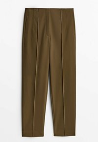 Brown tailored trousers with a smooth texture, featuring a straight cut, two front pleats, and a zip fly. Flat front design.