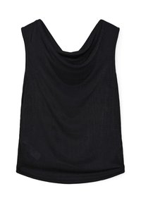 Top senza maniche nero con scollo drappeggiato a cascata, texture morbida e vestibilità rilassata con orlo arrotondato.