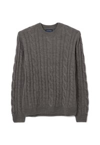Maglione grigio lavorato a maglia con motivo a treccia, scollatura a girocollo e polsini e orlo a coste. Realizzato in un morbido tessuto testurizzato.